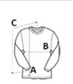 Measurement guide: A body length, B chest width, C sleeve length