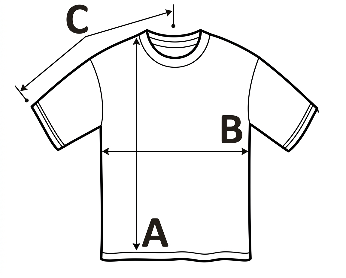 Measurement guide: A body length, B chest width, C sleeve length