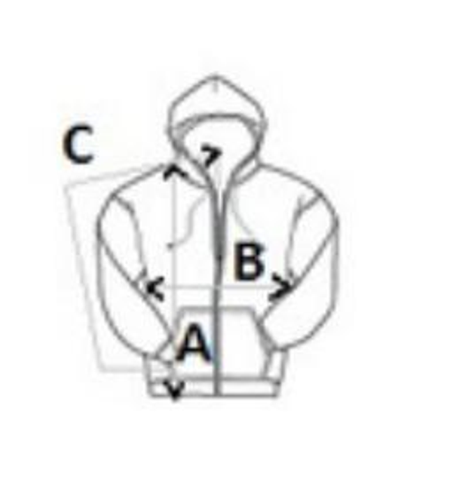 Measurement guide: A body length, B chest width, C sleeve length